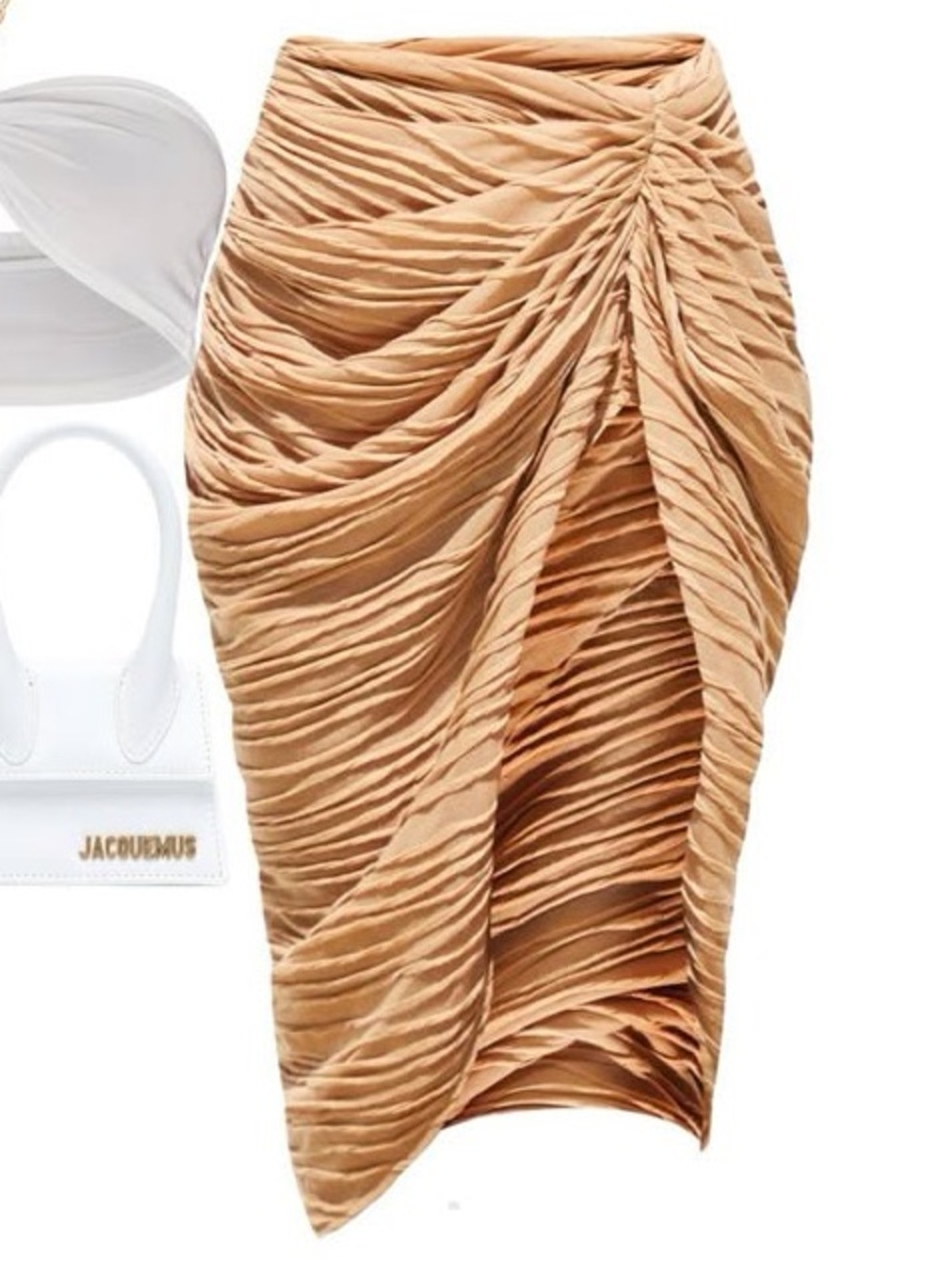Pretty Little Thing Ruched Camel Midi Skirt Front Slit US 6 Small S